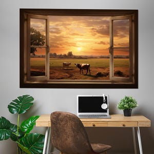 Open Window to Cows on the Field Painting Canvas Print, Farm Canvas Art, Farmhouse Decor, Framed and Ready to Hang
