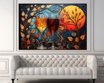 Wine Wall Art, Glasses with White and Red Wine Painting Canvas Print, Madhubani Style Wall Art, Wine Shop Decor, Framed and Ready to Hang