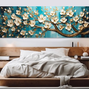 Abstract Teal Blossom Flowers Painting Canvas PRINT, Panoramic Wall Art, Bedroom Decor, Turquoise Floral Wall Art, Framed & Ready to Hang