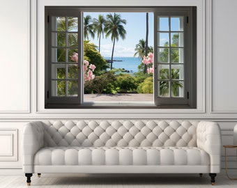 Open Window with Tropical View Canvas Print, Tropical Canvas Art, Window on Palms, Framed and Ready to Hang