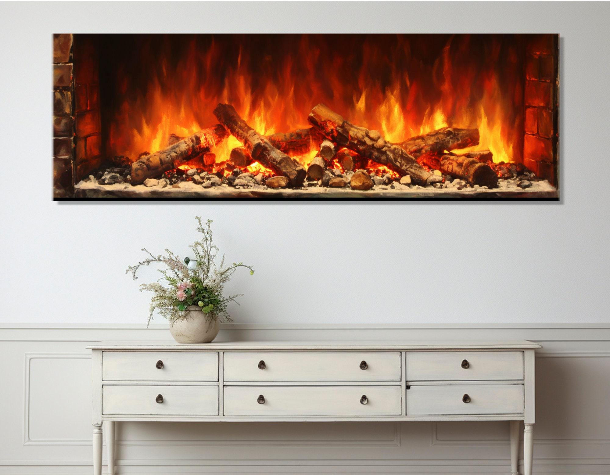 Large Fireplace Painting Canvas Print, Fireplace Wall Art, Contemporary