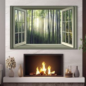 Open Window with Bamboo Forest View in Japan Canvas Print, Bamboo Trees Wall Art, Japan Window Painting, Framed and Ready to Hang image 4