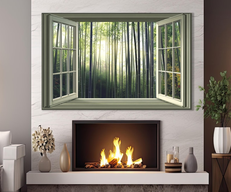 Open Window with Bamboo Forest View in Japan Canvas Print, Bamboo Trees Wall Art, Japan Window Painting, Framed and Ready to Hang image 4