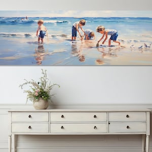Kids Playing on the Beach Painting Canvas PRINT, Large Beach Wall Art, Framed and Ready to Hang