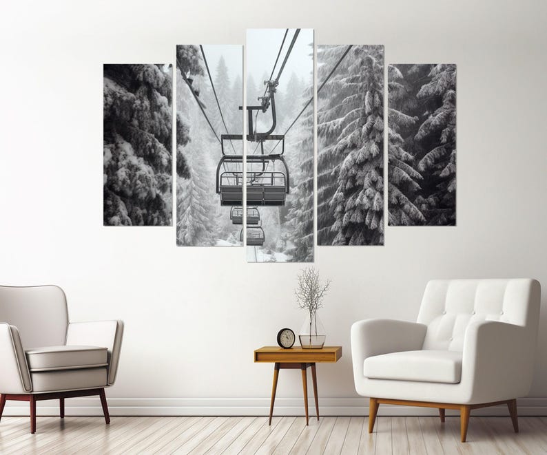 Impresión en lienzo de telesilla escénica, póster grande de telesilla, lienzo de teleférico de invierno, arte mural de invierno, regalo para esquiadores, enmarcado y listo para colgar. imagen 7