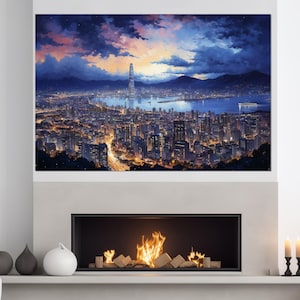 Night Seoul Skyline, Abstract Seoul Painting Canvas Print, South Korea Print, Seoul Wall Art, South Korea Wall Art, Framed and Ready to Hang