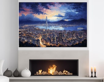 Nocny Seul Skyline, Abstrakcyjny obraz na płótnie z Seulu, Wydruk z Korei Południowej, Sztuka ścienna z Seulu, Sztuka ścienna z Korei Południowej, Oprawiona i gotowa do powieszenia