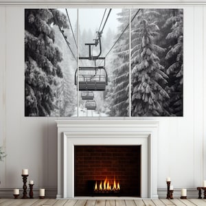 Impresión en lienzo de telesilla escénica, póster grande de telesilla, lienzo de teleférico de invierno, arte mural de invierno, regalo para esquiadores, enmarcado y listo para colgar. imagen 4