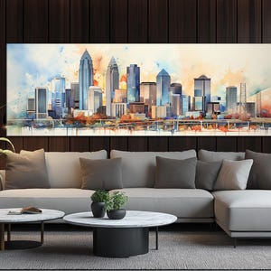Abstract Charlotte Painting Canvas Print, Watercolor Charlotte Wall Art, Large Charlotte Skyline, Charlotte Poster, Framed and Ready to Hang