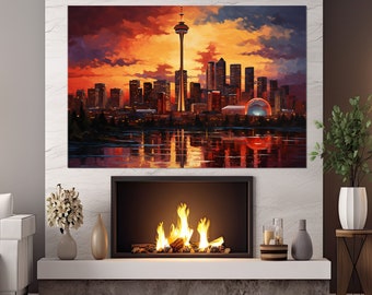 Abstract Calgary Painting Canvas Print, Large Calgary Skyline, Scenic Calgary Wall Art, Calgary Poster, Framed and Ready to Hang