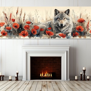 White Wolf Surrounded by Red Poppies Painting Canvas Print, Abstract Wolf Wall Art, Wolf Canvas Art, Wolf Poster, Framed and Ready to Hang