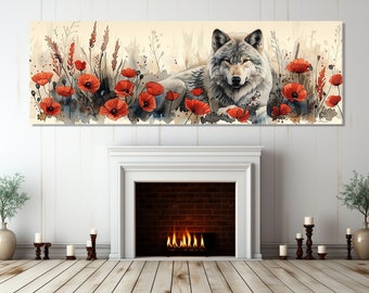 Impresión en lienzo de un lobo blanco rodeado de amapolas rojas, arte abstracto de pared de lobo, arte de lienzo de lobo, póster de lobo, enmarcado y listo para colgar.