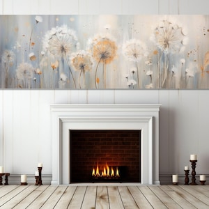 Pintura de flores de diente de león impresa en lienzo, arte de pared panorámico, arte de lienzo floral grande, arte de pared de colores suaves, enmarcado y listo para colgar