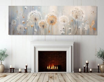 Dandelion Flowers Painting Canvas PRINT, Panoramic Wall Art, Large Floral Canvas Art, Soft Colors Wall Art, Framed and Ready to Hang