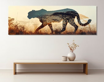 Large Cheetah Silhouette Canvas Print, African Animals Wall Art, Abstract Cheetah Painting, Framed and Ready to Hang