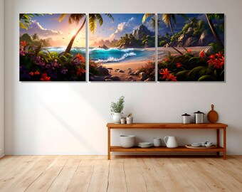 Fantasy Beach Canvas Print, Large Tropical Beach Wall Art, Framed and Ready to Hang
