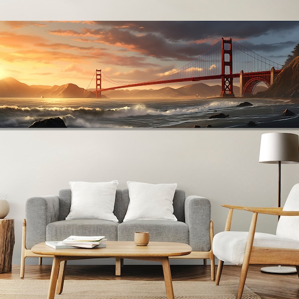 Gran impresión de lienzo de pintura del puente Golden Gate, arte de la pared de la puesta de sol en San Francisco, enmarcado y listo para colgar