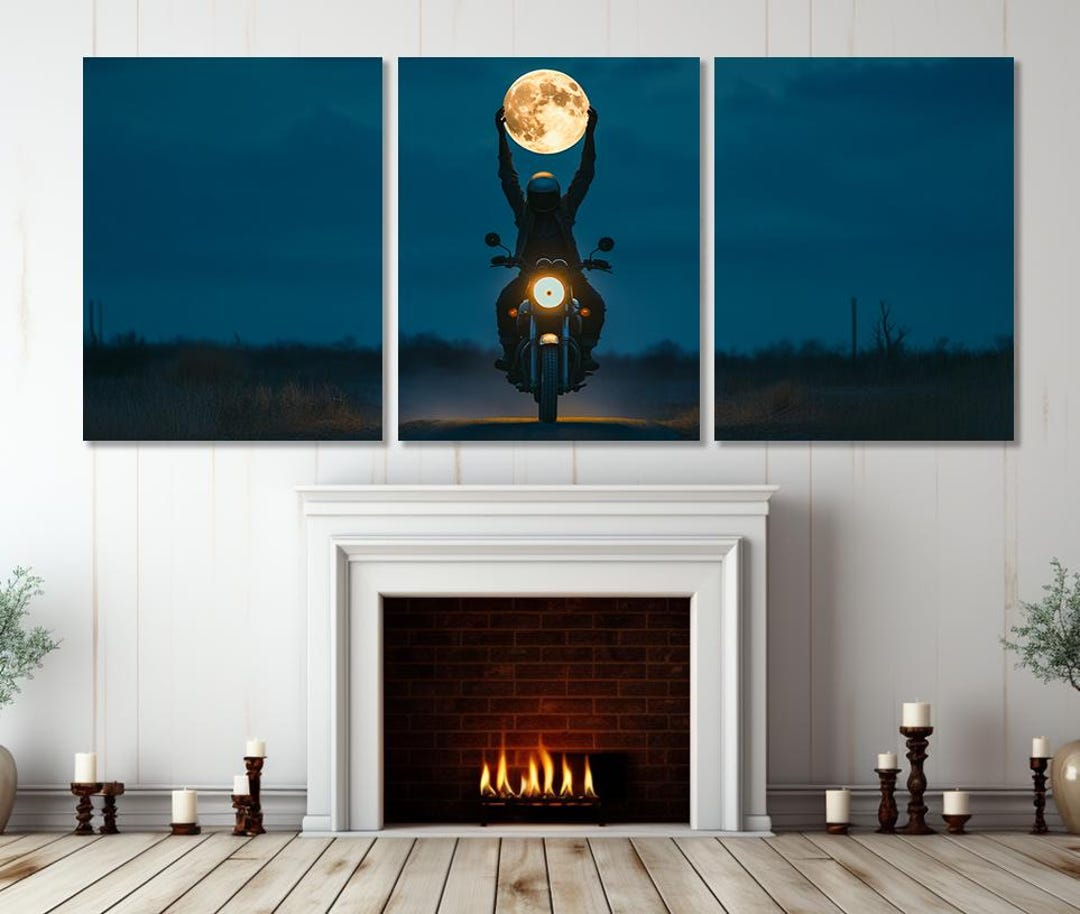Abstract Biker Holding Moon Canvas Print, Bikers Club Wall Decor, Biker ...