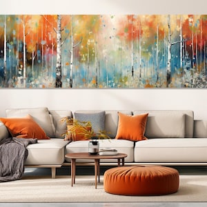 Stampa su tela di pittura astratta ad acquerello della foresta autunnale, pittura della foresta scandinava, arte murale del boschetto di betulle, incorniciata e pronta da appendere