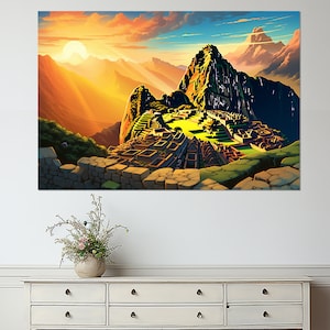 Machu Picchu Painting Canvas Print, Ancient Inca City in the Andes Peru Canvas Art, Peru Wall Decor, Framed and Ready to Hang