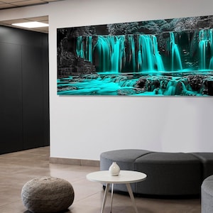 Stampa su tela con cascata astratta, decorazione murale con cascata panoramica, decorazione murale ciano, dipinto di paesaggio naturale, incorniciato e pronto da appendere.