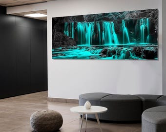 Abstract Waterfall Canvas Print, Scenic Waterfall Wall Art, Cyan Wall Decor, Nature Landscape Painting, Framed and Ready to Hang