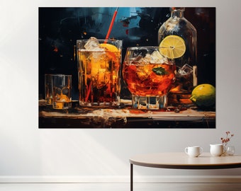 Abstract Alcohol Drinks Painting Canvas Print, Alcohol Wall Art, Alcohol Canvas Art, Barman Gift, Framed and Ready to Hang