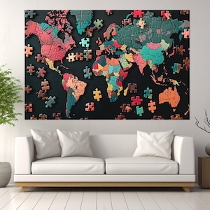Abstracte puzzel wereldkaart canvasprint, wereldkaart kunst aan de muur, modern kantoordecor, puzzel canvasprint, ingelijst en klaar om op te hangen