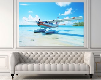 Seaplane on Maldives Beach Canvas Print, Beach Wall Art, Hydroplane Painting, Framed and Ready to Hang