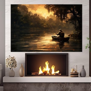 Fishing Boat on Lake Painting Canvas Print, Fishing Wall Art, Fisherman in Boat Poster, Fisherman Gift, Framed and Ready to Hang