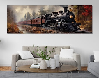Large Steam Train Painting Canvas Print, Steam Locomotive Train Poster, Framed and Ready to Hang