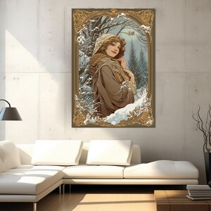 Impresión en lienzo de cartas del tarot de invierno, arte en lienzo de una hermosa chica sonriente, arte de pared de tarot, pintura de cartas del tarot, enmarcada y lista para colgar.
