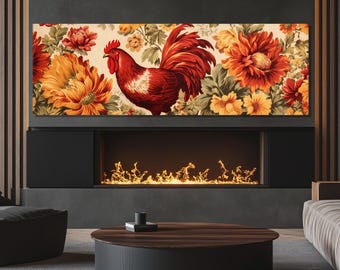 Vintage Style Rooster in Flowers Painting Canvas Print, Large Roosters Poster, Farmhouse Wall Decor, Farm Wall Art, Framed and Ready to Hang