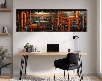 May include: A long, rectangular canvas print featuring a complex network of orange pipes and machinery. The artwork is mounted above a wooden desk with a laptop, lamp, and chair. The overall aesthetic is industrial and modern.