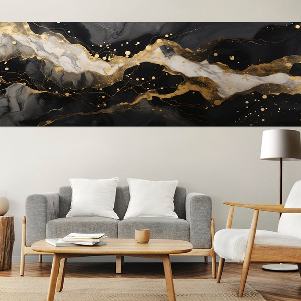 Grande impression sur toile en marbre noir, art mural contemporain, décoration d'intérieur moderne, encadrée et prête à accrocher