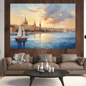 Abstract Malta Painting Canvas Print, Malta Wall Art, Valletta Skyline, Malta Canvas Art, Valletta Canvas Print, Framed and Ready to Hang image 1