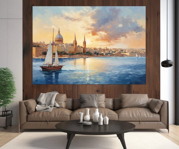 Abstract Malta Painting Canvas Print, Malta Wall Art, Valletta Skyline, Malta Canvas Art, Valletta Canvas Print, Framed and Ready to Hang