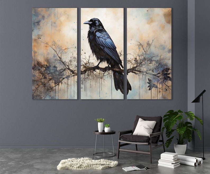 Raven on the Tree Branch Canvas Print, Gothic Painting, Dark Academia