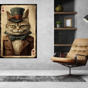 Impression sur toile As de carreau avec chat, oeuvre d'art murale poker, cadeau pour joueur de cartes, encadré et prêt à accrocher