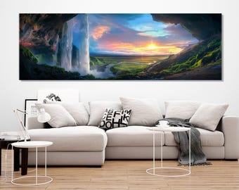 Scenic Waterfall Seljalandsfoss in Island Abstract Canvas Print, Waterfall Painting, Iceland Nature Poster, Framed & Ready to Hang