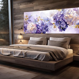 Hydrangea Blossom Painting Canvas PRINT, Floral Panoramic Wall Art, Large Bedroom Wall Decor, Hydrangea Canvas Art, Framed and Ready to Hang