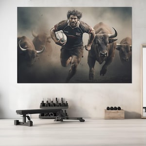 Arte mural abstracto de rugby, impresión en lienzo de pintura de rugby, póster de rugby, enmarcado y listo para colgar.