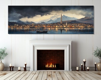 Abstract Reykjavik Wall Art, Reykjavik Painting Canvas Print, Large Reykjavik Poster, Iceland Wall Art, Framed and Ready to Hang