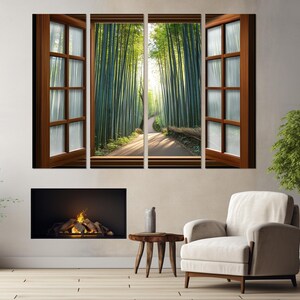 Open Window with Kyoto Bamboo Forest in Japan View Canvas Print, Bamboo Groove Window Painting, Framed and Ready to Hang image 4