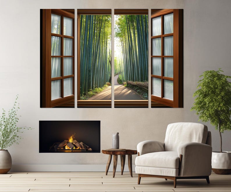 Open Window with Kyoto Bamboo Forest in Japan View Canvas Print, Bamboo Groove Window Painting, Framed and Ready to Hang image 4