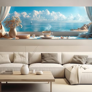Window with a Scenic Sea View Canvas Print, Morning Coffee with Seascape Wall Art, Faux Window Wall Art, Framed and Ready to Hang