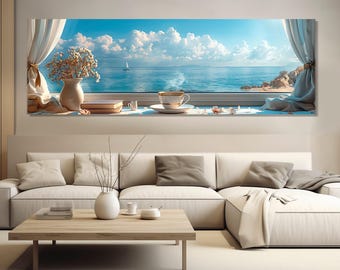 Impression sur toile Fenêtre avec vue panoramique sur la mer, art mural café du matin avec paysage marin, art mural imitation fenêtre, encadré et prêt à accrocher