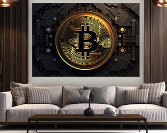 Krypto Wandkunst, großer Bitcoin Druck, gerahmt und fertig zum Aufhängen