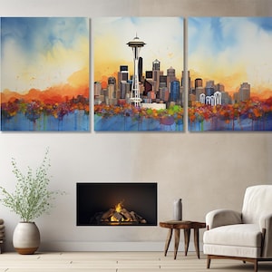 Abstract Seattle Panoramic Canvas Print, Seattle Painting, Large Seattle Skyline, Seattle Poster, Framed and Ready to Hang