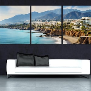 Large Nerja Painting Canvas Print, Nerja Skyline, Nerja Wall Art, Costa del Sol Coast Canvas Print, Spain, Framed and Ready to Hang